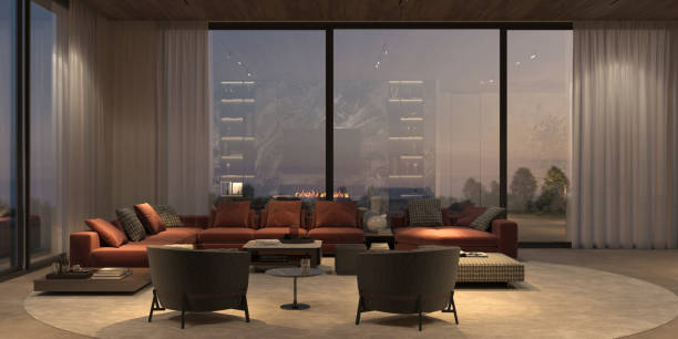 istock Modern luxury interior with panoramic windows and nature view, stone floor, white wall and wooden ceiling. Minimal apartment design dining and living room with night lighting. 3d render illustration. 1314491388