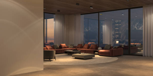 istock Modern luxury beautiful interior with panoramic windows and nature view, stone floor, white wall and wooden ceiling. Minimal design dining and living room with night lighting. 3d render illustration. 1314491395