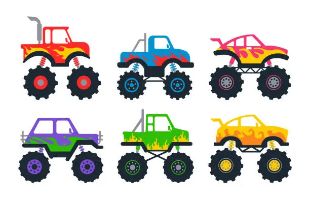 Vector illustration of Set of monster trucks. Vector pickup truck with big wheels Cartoon car design ideas for boys.