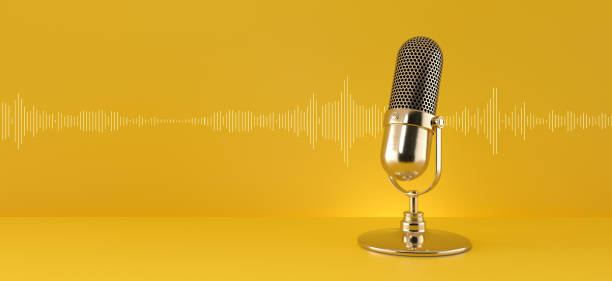 istock Gold microphone and sound wave on yellow background. 1314491562