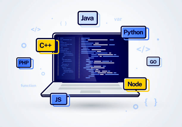 벡터 일러스트레이션 웹 개발 프로그래밍 코딩 아이콘입니다. 화면에 프로그램 코드가있는 노트북. - php stock illustrations