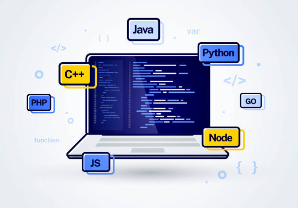 ilustrações, clipart, desenhos animados e ícones de ícone de codificação de programação da web de ilustração vetorial. laptop com código de programa na tela. - php