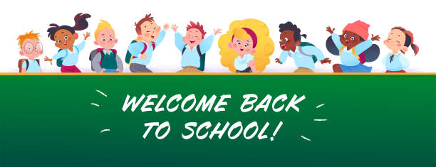 Banner with happy school kids, school blackboard and text back to school greeting. Multiethnic students group, schoolchildren characters. Banner with happy school kids, school blackboard and text back to school greeting. Multiethnic students group, schoolchildren characters. Vector flat cartoon illustration. For ads, packaging, posters. japanese boy uniform cartoon stock illustrations