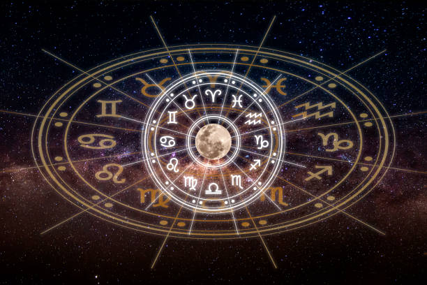 Astrological zodiac signs inside of horoscope circle. Astrology, knowledge of stars in the sky over the milky way and moon. The power of the universe concept. Astrological zodiac signs inside of horoscope circle. Astrology, knowledge of stars in the sky over the milky way and moon. The power of the universe concept. astrology stock pictures, royalty-free photos & images