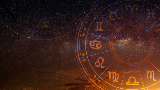 astrological zodiac signs inside of horoscope circle. astrology, knowledge of stars in the sky over the milky way and moon. the power of the universe concept. - clairvoyance imagens e fotografias de stock