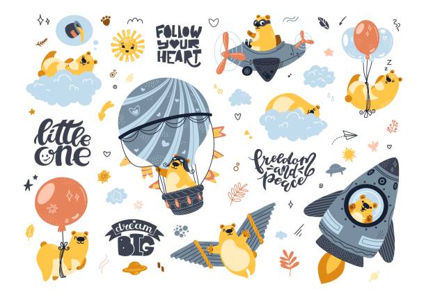 Set of funny bears, cute animals flying on an airplane, air balloon, cloud, handmade wings. Lettering inspiration phrases. Cartoon teddy illustration isolated on white background. Vector Set of funny bears, cute animals flying on an airplane, air balloon, cloud, handmade wings. Lettering inspiration phrases. Cartoon teddy illustration isolated on white background. For fabric, print, textile, kids decor room. Vector adventure clipart stock illustrations