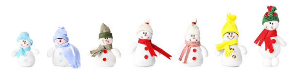 istock Set with cute small snowman toys on white background. Banner design 1314494717