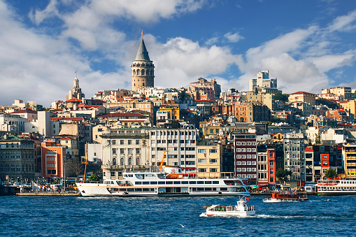 Istanbul, Turkey : July 17, 2023: Kiz Kulesi to Bosphorus in day, Istanbul, Turkey
