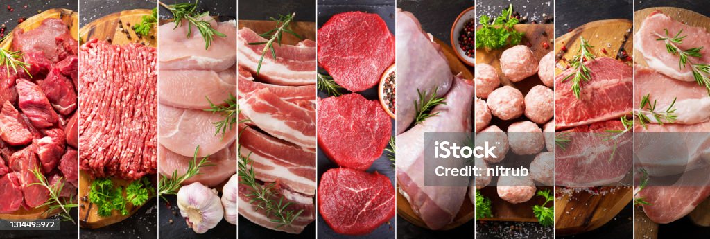 food collage of various types fresh meat, top view food collage of various types fresh meat on dark background, top view Butcher's Shop Stock Photo