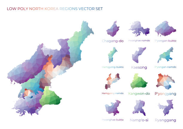 ilustrações de stock, clip art, desenhos animados e ícones de north korean low poly regions. - democratic peoples republic of north korea