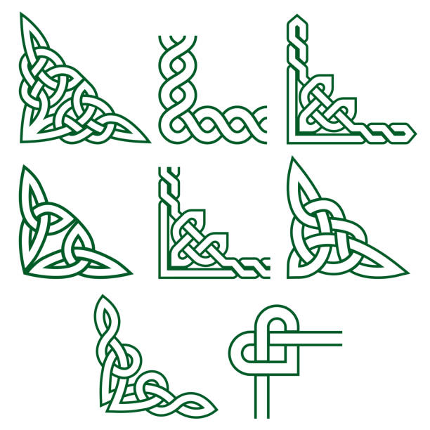 Celtic green corners vector design set, Irish detailed braided frame patterns - greeting card and invititon design elements Old Celtic collection of corners on white background, traditional ornaments from Ireland welsh culture stock illustrations