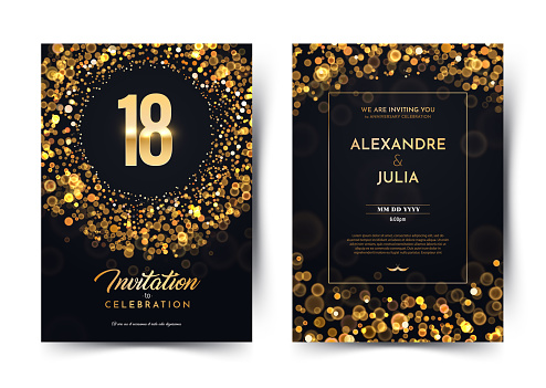 18th years birthday vector black paper luxury invitation double card. Eighteen years wedding anniversary celebration brochure. Template of invitational for print on dark background with bokeh lights