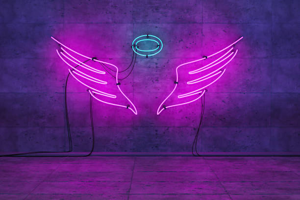 istock neon pink lamp with angel wings in empty room 1314498256