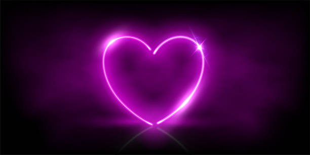 istock Glowing neon purple heart with sparkles in fog abstract background. Electric light frame. Geometric fashion design vector illustration. Empty minimal abstract art decoration 1314498888