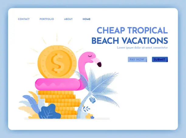 Vector illustration of travel website with the theme of cheap tropical beach vacation. enjoy holiday in excotic destination at best prices. Vector design can be used for poster, banner, ads, website, web, marketing, flyer