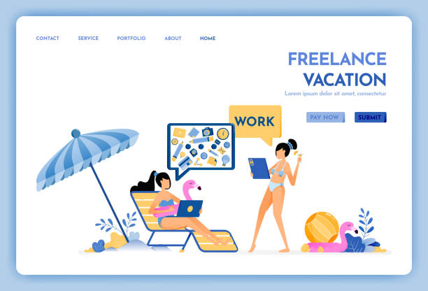 istock travel website with the theme of freelancer vacation. keep working with internet access service at holiday. Vector design can be used for poster, banner, ads, website, web, mobile, marketing, flyer 1314499689
