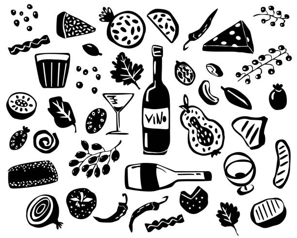 illustrazioni stock, clip art, cartoni animati e icone di tendenza di vino e formaggio doodled, antipasti frutta noci articoli in colore nero - cheese antipasto cracker grape