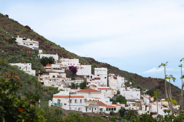 White houses of the town of Agaete on the mountainside on the island of Gran Canaria, Spain stock photo