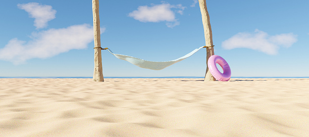 empty hammock between two palm trees on the beach with a float. summer time. copy space. 3d render