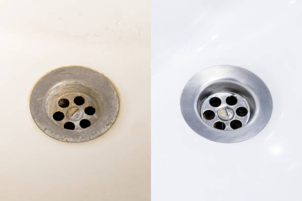 dirty and clean domestic bath drain sink. before and after cleaning sink bowl stock photo