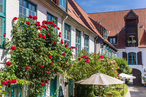 Colorful flowers at the facade of a white house in Flensburg, Germany