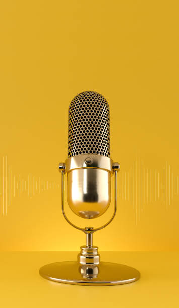 istock Gold microphone and sound wave on yellow background mobile vertical format. Creator content, Podcast, live, streaming. 3d rendering. 1314504050