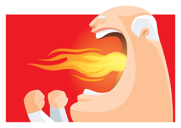 furious senior man spewing fire vector illustration of furious senior man spewing fire head shoot stock illustrations