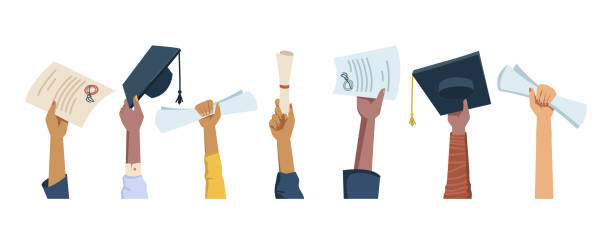 ilustrações de stock, clip art, desenhos animados e ícones de set of multi ethnic hands holding diplomas, mortarboard hats and certificates, graduation celebration flat cartoon people arms. vector happy students celebrating graduate from college, university - graduation adult student mortar board diploma