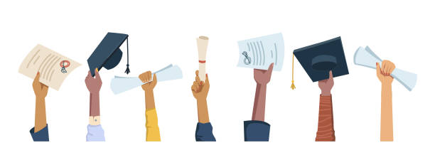Set of multi ethnic hands holding diplomas, mortarboard hats and certificates, graduation celebration flat cartoon people arms. Vector happy students celebrating graduate from college, university Set of multi ethnic hands holding diplomas, mortarboard hats and certificates, graduation celebration flat cartoon people arms. Vector happy students celebrating graduate from college, university ceremony illustrations stock illustrations