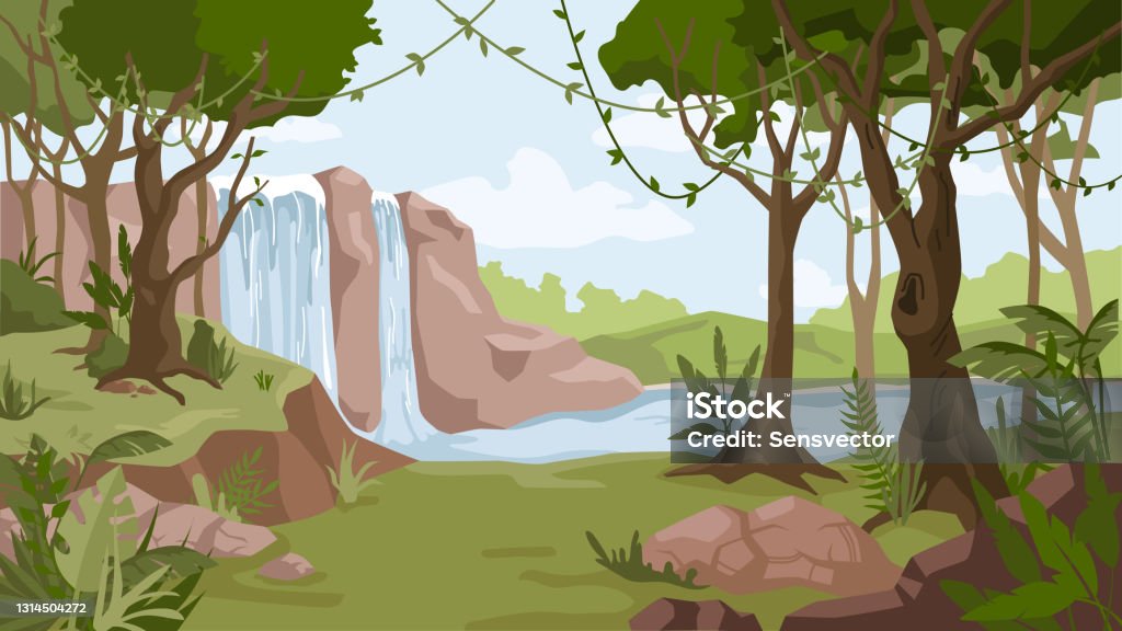 Waterfall Jungle Landscape Cartoon Background Vector River Streams Of Water  Flowing Green Exotic Forest Woods With Trees Tropical Natural Scenery With  Cascade Of Rocks Wild Nature And Bush Foliage Stock Illustration -