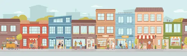 Vector illustration of City small buildings facade exterior design. Vector urban street with local markets, flower florist shop, bakery and barbershop, clothing boutiques and cafes, restaurants and cafeterias, people