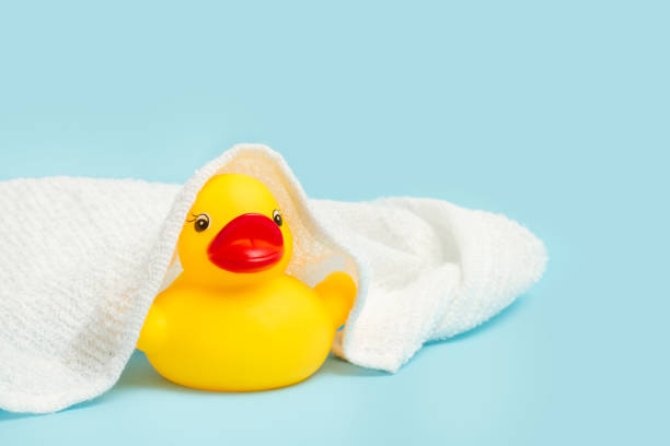 istock A yellow rubber toy duck with a towel over him on a light blue background 1314504873