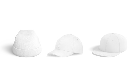 Blank white cap, snapback and beanie mockup, isolated, 3d rendering. Empty knitted and jeans headwear mock up, side view. Clear casual headdress accessory for season outfit template.