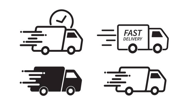 ilustraciones, imágenes clip art, dibujos animados e iconos de stock de conjunto de iconos de camión de entrega rápida. envío rápido. diseño para sitios web y aplicaciones móviles. - carga