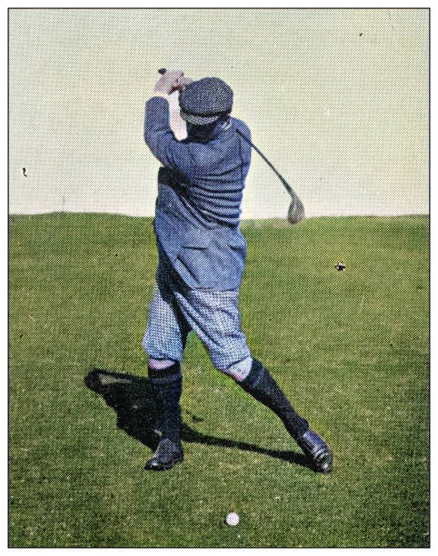 antike farbige fotografie von sport, athleten und freizeitaktivitäten im 19. jahrhundert: golf spielen - golfspieler fotos stock-grafiken, -clipart, -cartoons und -symbole