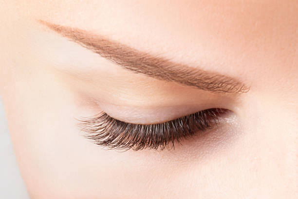 istock Closed female eye with long eyelashes. Classic 1D, 2D eyelash extensions and light brown eyebrow close up. Eyelash extensions, lamination, biowave, microblading concept 1314508341