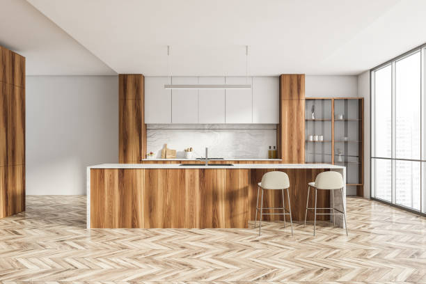 istock White and wooden kitchen interior with table and chairs, parquet floor 1314509752