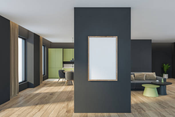 istock Mockup frame in living room interior with sofa and kitchen set with windows 1314509977
