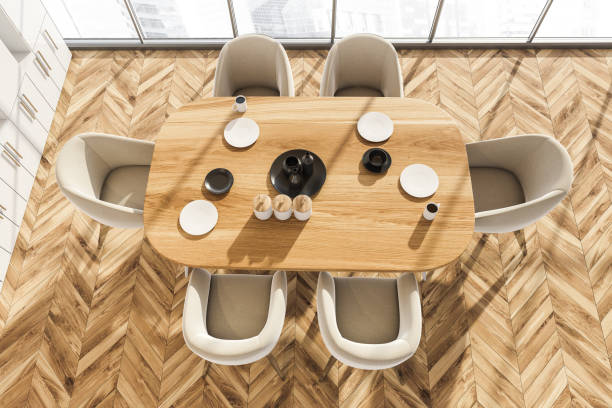 istock Top view of dining table with dishes on parquet floor 1314510192