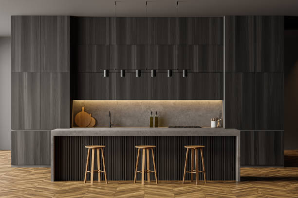 istock Wooden dining room, bar chairs and table 1314510306