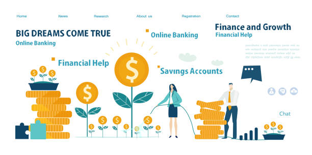 istock Business people grow investments. Flat design website or app page template. Financial services, banking, strategic planning, development, business solutions, consulting, data analyse 1314510603