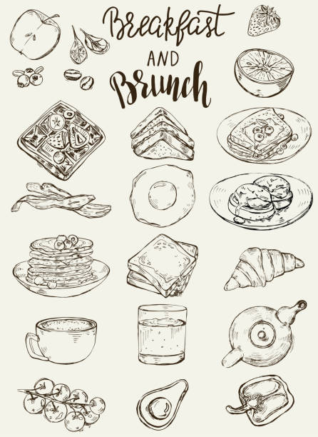 Set of traditional breakfast dishes, bakery and drinks. Set of hand drawn elements for creating menu, traditional breakfast dishes, bakery and drinks. Sketch style vector illustration template breakfast illustrations stock illustrations