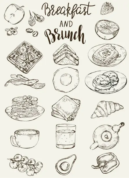 Vector illustration of Set of traditional breakfast dishes, bakery and drinks.