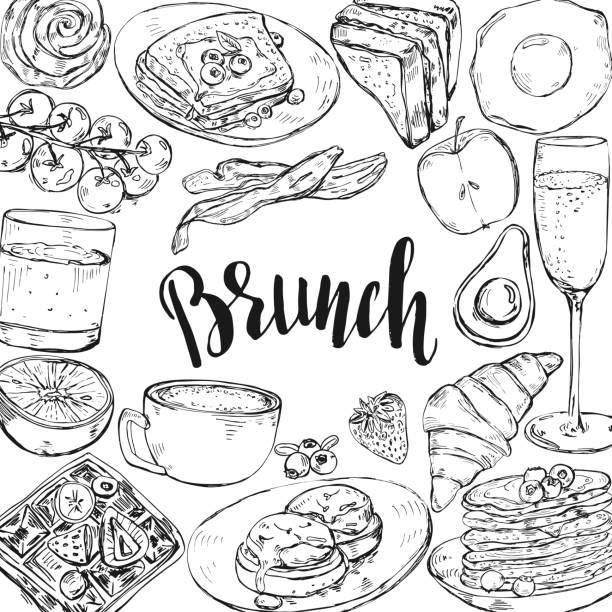 et of hand drawn traditional breakfast dishes, bakery and drinks. Brucnh menu cover template. Set of hand drawn traditional breakfast dishes, bakery and drinks. Sketch style vector illustration template french food stock illustrations