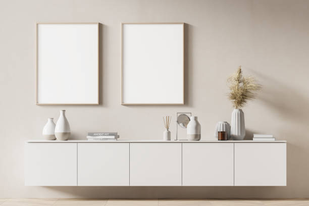 istock Two mock up posters frame on wall in modern interior background, living room. Books on cabinet. Scandinavian style. 3D rendering. 1314512506