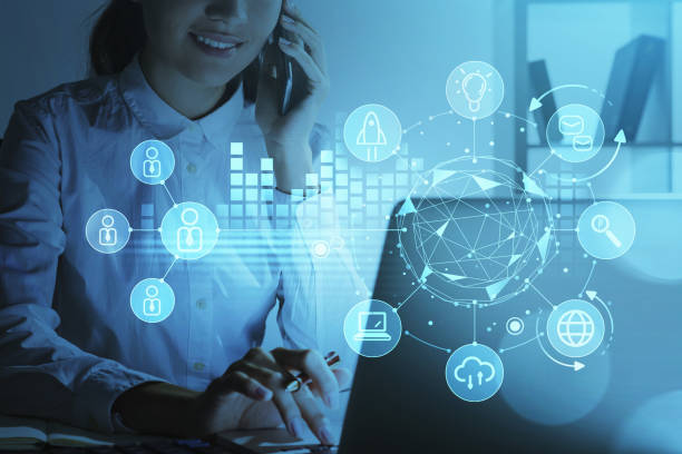 istock Businesswoman calling on smartphone, data symbols and network circuit 1314512839