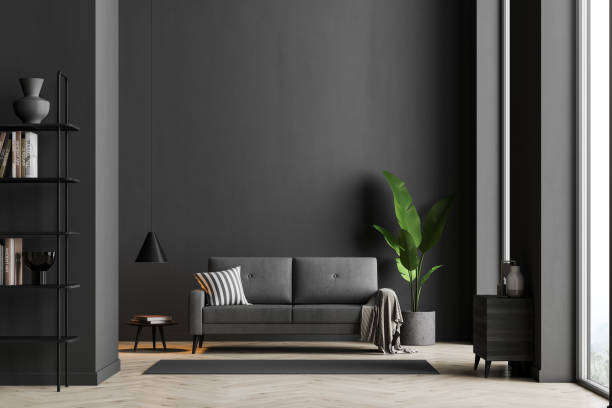 istock Dark living room interior with black empty wall 1314512854