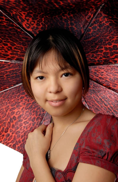 jolie fille asiatique tenant un parapluie rouge imprimé animal - parasol umbrella asian ethnicity asian culture photos et images de collection