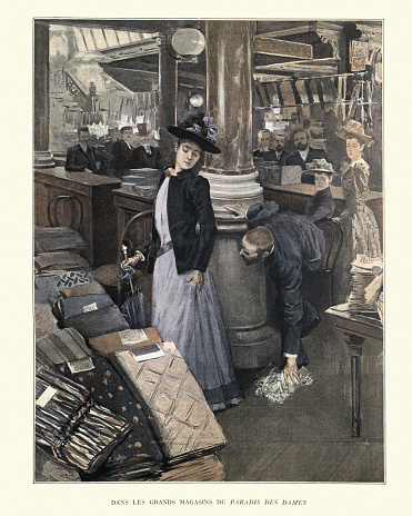 Vintage illustration of Young woman shopping in a department store, Victorian 19th Century, French. Dans les grands magasins du paradis des dames. In the department stores of ladies' paradise