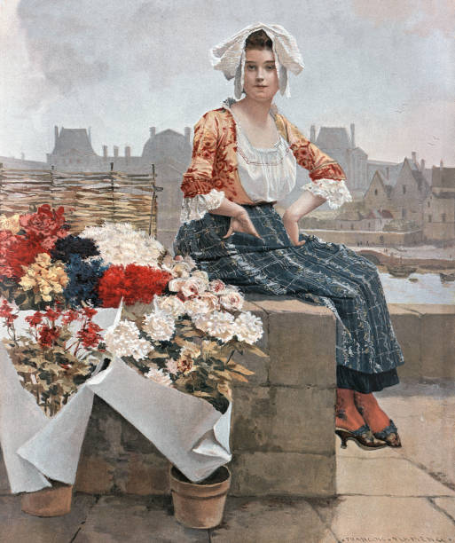 ilustrações de stock, clip art, desenhos animados e ícones de young woman selling flowers by side of the river, french, 19th century florist - florist flower market flower store